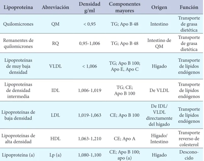Tabla 1.1: Clases de lipoproteínas