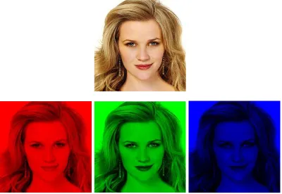 Figura 3.1. Imagen RGB y sus componentes R (rojo), G (verde) y B (azul) 