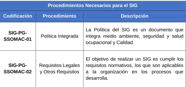 Cuadro  3: Procedimientos necesarios para el SIG 
