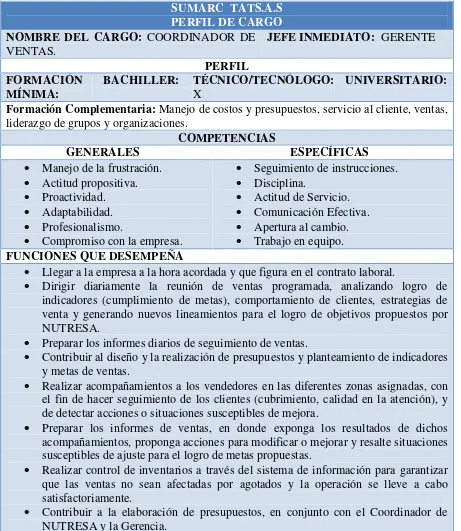 Tabla 11: Perfil del cargo. Coordinador de ventas. 