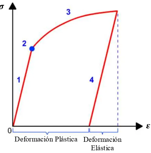 Figura III. 13.- 1. Deformación elástica inicial, 2. Punto de cedencia, 3. Flujo plástico, 4