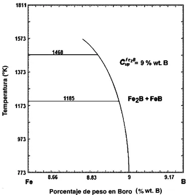 Figura 2.2 Representación esquemática de las concentraciones de boro máxima y mínima  en la capa Fe 2 B
