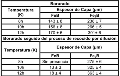 Tabla 3.2 Espesores de capa FeB/Fe 2 B y Fe 2 B en un acero AISI 1045 en función de los  tiempos y procesos realizados