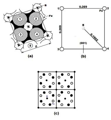 Figura 3.27. Proyección de los átomos de hierro Fe sobre el plano perpendicular (001) en el 