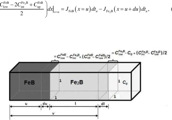Figura  2.5  Representación  esquemática  de  las  ecuaciones  de  balance  de  masa  en  las  interfases  FeB/  Fe 2 B  y 