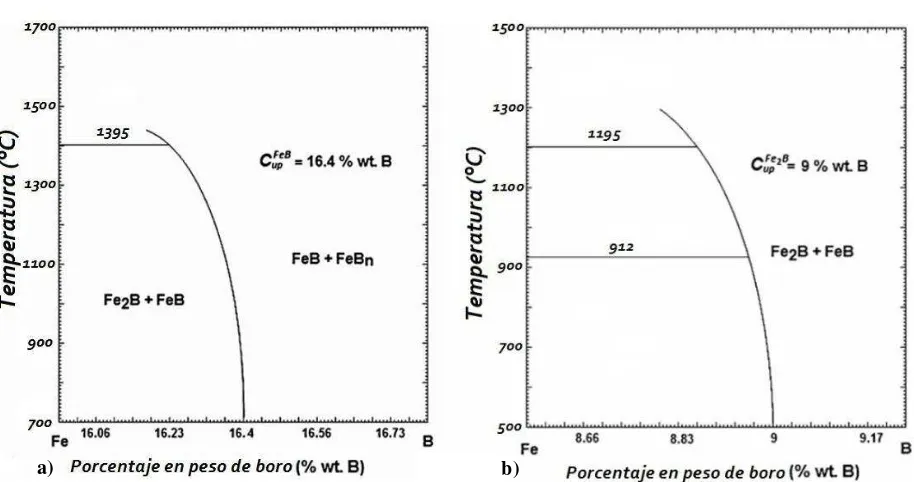 Figura 2.2 Representación esquemática de la concentración de boro máxima y mínima en las fases a) FeB y b) Fe2B