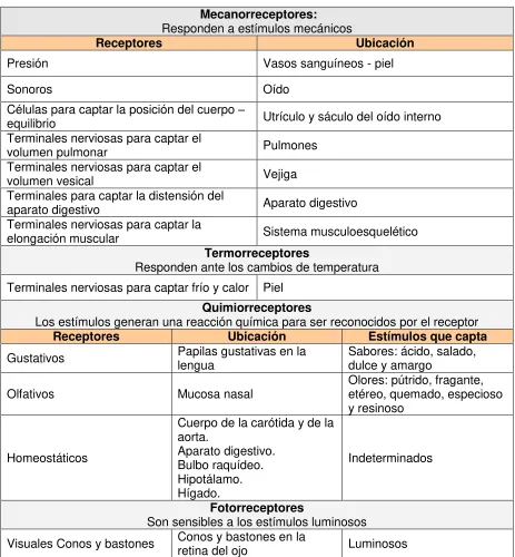 Tabla 2.1. Receptores sensoriales.  