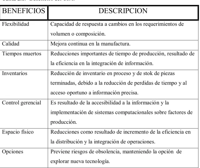 Tabla 2.1.- Beneficios del CIM. 