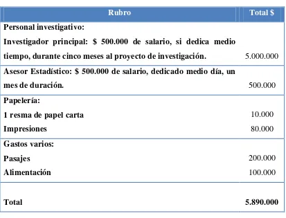 Tabla 7. Costos del estudio elaboración de la investigación. 