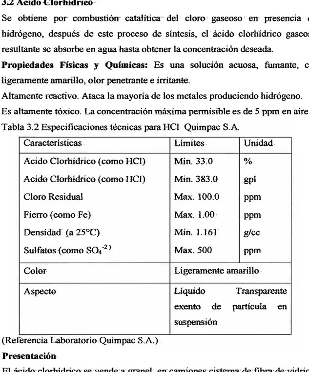 Tabla 3.2 Especificaciones técnicas para HCl  Quimpac S.A. 