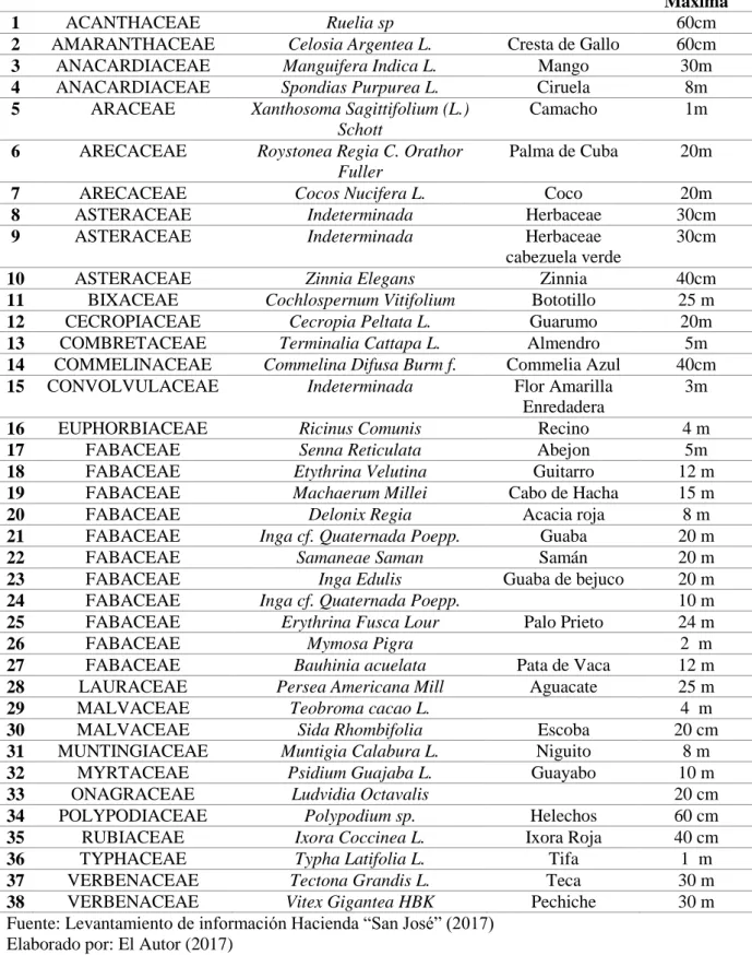 Tabla 3. Inventario, levantamiento de información especies florísticas de San José 