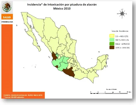 Figura 2. Incidencia de intoxicación por picadura de alacrán, México 2010. En este mapa los Estados de paréntesis corresponde al número de estados
