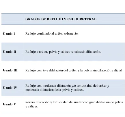 Tabla 1. Clasificación internacional del reflujo vesicoureteral según su severidad 