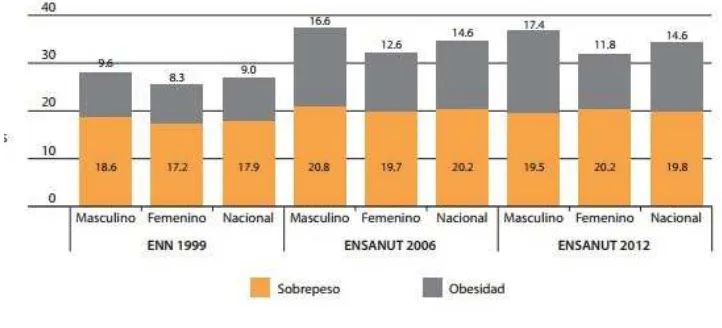 Figura 1. Comparativo de la prevalencia nacional de sobrepeso y obesidad en población de 5 a 11 años de edad, de la ENN 99, ENSANUT 2006 y ENSANUT 2012, por sexo, de acuerdo con los criterios propuestos por la OMS, México, ENSANUT 2012.