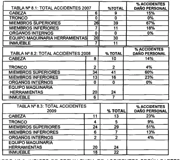 CUADRO  N&#34;  3:  INDICES  DE  PREVALENCIA  DE  ACCIDENTES  SEGÚN  PARTES  DEL CUERPO Y EL TOTAL DE TRABAJADORES OBTENIDAS DE  LA TABLA N&#34;2 