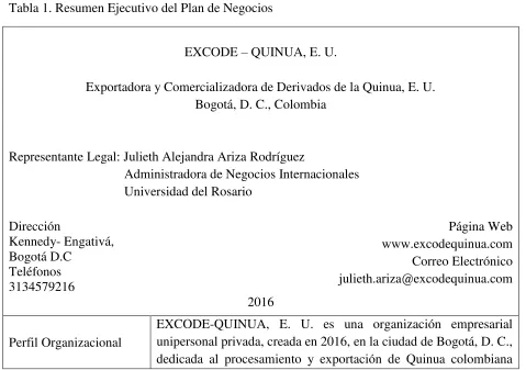 Tabla 1. Resumen Ejecutivo del Plan de Negocios 
