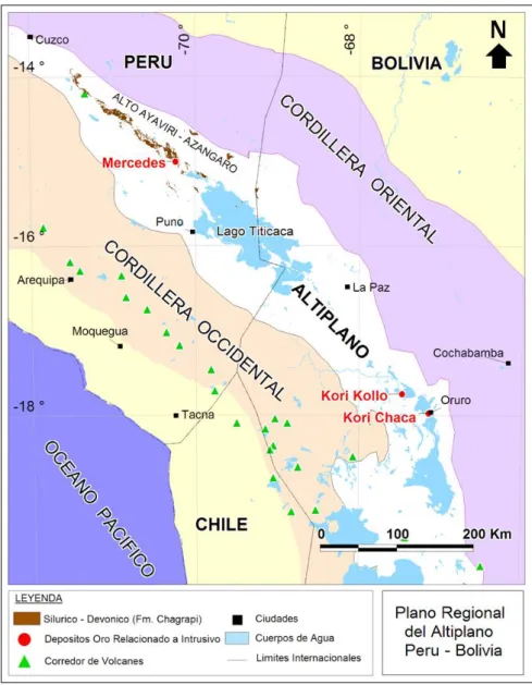 Figura 2.5: Plano Regional del Altiplano Perú – Bolivia, incluye a los depósitos de  oro relacionados a intrusivos en rocas Paleozoicas