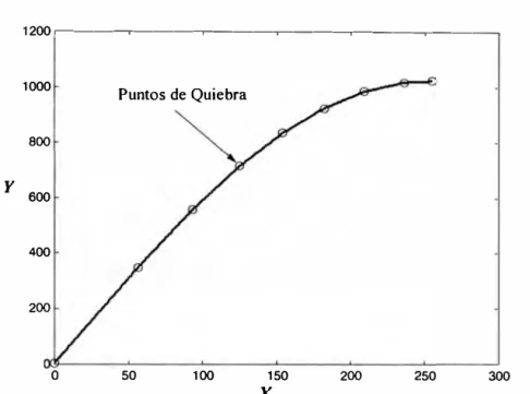 Fig. 6.3. Puntos de quiebra implementados en una tabla de equivalencia (LUT) con parámetros  N  =  8,  Nr  =  8,  Nr  =  l O  y m  =  9.