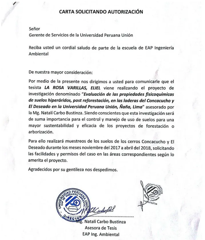 Figura 8. Carta de autorización para sacar muestras de las laderas del cerro Concacucho