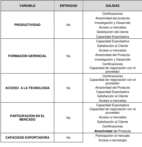 Tabla 10: Variables clave y sus relaciones de entrada y salida 