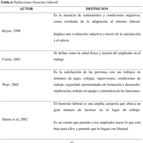 Tabla 6 Definiciones bienestar laboral 