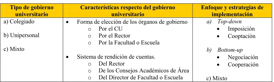 Cuadro 3: Características del gobierno universitario e implementación 