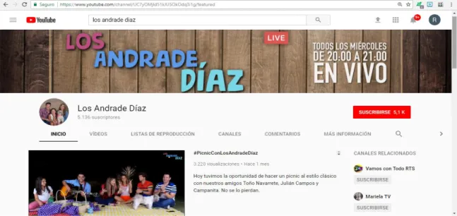 Figura 5 : Captada desde la pantalla del canal de YouTube de Los Andrade Díaz  Fuente: Cuenta de YouTube de Los Andrade Díaz 