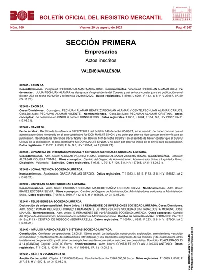 BOLETÍN OFICIAL DEL REGISTRO MERCANTIL. Núm. 160 Viernes 20 De Agosto ...