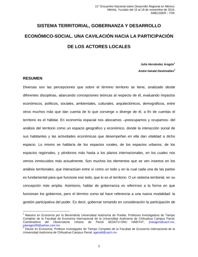 Sistema Territorial Gobernanza Y Desarrollo EconÓmico Social Una