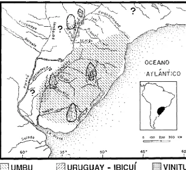 Figura 1.- Distribución espacial (áreas ocupadas) por las tradiciones Umbu y Uruguay y las fases Ibicuí y Vinitu