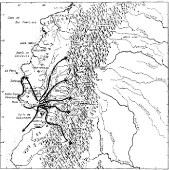 Figura l. texto, las capitales de las provincias continentales Mapa del Ecuador y ubicación de los sitios arqueológicos e históricos mencionados en el y señaladas con flechas las posibles rutas de inter-cambio