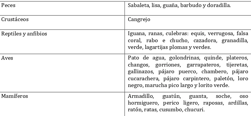 Cuadro No. 21. Algunas de las especies (nombres comunes) de fauna que se encuentra en la zona donde se asienta la Comunidad  