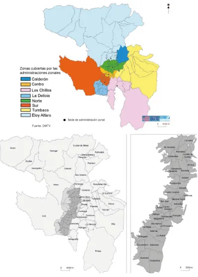 Figura 1. Mapa parroquial y de administraciones zonales del DMQ 