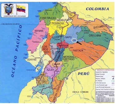 Figure 2.1. Map of Ecuador (City of Tena indicated by arrow) 