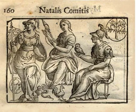 Fig. 1 - Minerva en su triple aspecto o ‘triforme’, representada emblemáticamente por Natal Conti en Mythologiae (1616)