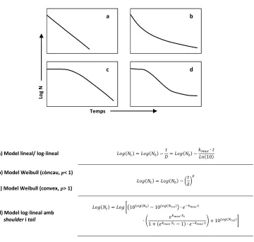 Figura 12. Models genèrics d’inactivació microbiana i la seva fórmula matemàtica: a) lineal/log-lineal, b) Weibull còncau amb tail, c) Weibull convex amb shoulder i d) models log-lineal amb shoulder i tail (Geeraerd et al., 2005)