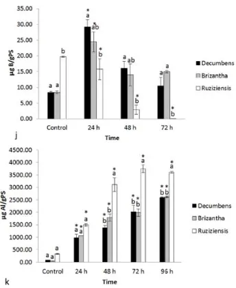 Fig. 4 Root nutrient uptake kinetics for Brachiaria species. Kinetics was evaluated at three times 24, 48 and 72h, under aluminium-potassium (K: μg gbrizanthaμg gshown