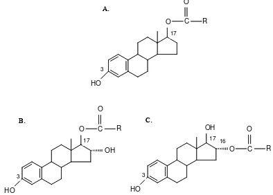 Figure 1-7. Naturally occurring esterified estrogens. A: Estradiol-17β-fatty acid ester; B: Estriol-17β-fatty 