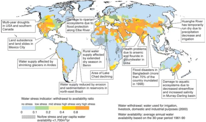 Fig 1.1. Examples of current vulnerabilities of freshwater resources and their management; in the background, a water stress map based on WaterGAP (Source: Alcamo et al., 2003)  