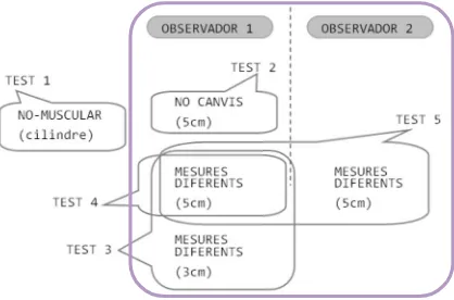 Figura 28: Esquema del protocol experimental de l’Estudi 1. El Test 1 es considera pilot i no es realitzen mesures sobre subjectes