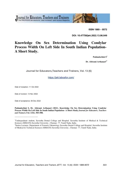 Knowledge On Sex Determination Using Condylar Process Width On Left Side In South Indian