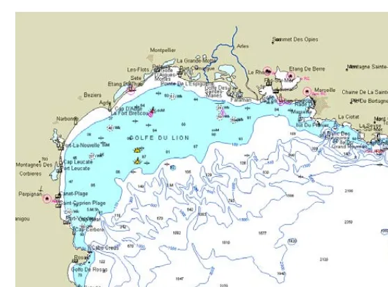 Figura 3.2.- Mapa general del Golf de Lleó. Modificat de la carta nàutica electrònica del programa                MaxSea