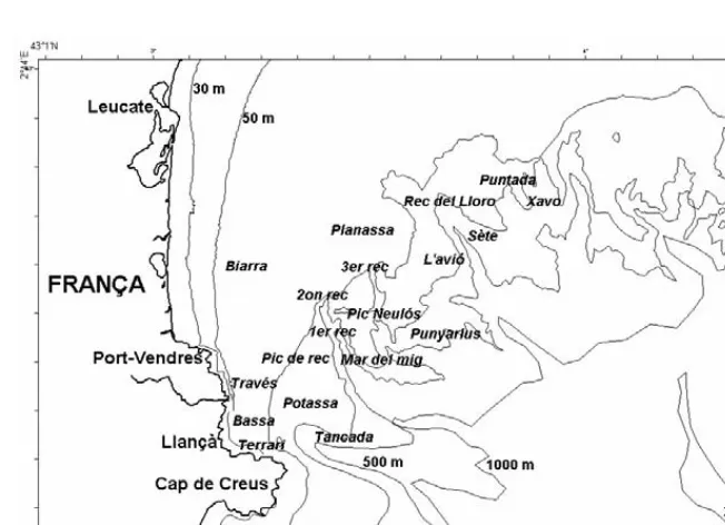 Figura 3.3.- Mapa amb els caladors freqüentats per la flota d’arrossegament de Llançà, Port de la Selva i Roses que feineja al Golf de Lleó