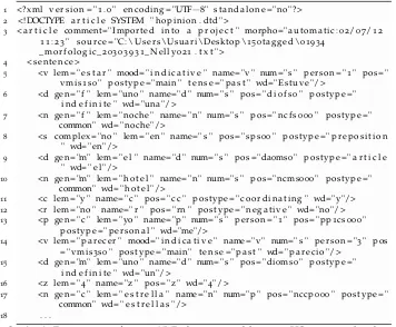 Cuadro 6: Fragmento en formato XML de un texto del corpus HOpinion analizadocon Freeling y codiﬁcado en XML mediante el plugin de AnCoraPipe.