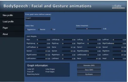 Figure 4.16: New graph screen. GMG can be parameterized by changing input databases(aggressive, neutral or full, which includes both previous), joint weights for posture similaritycomputation (dark blue box in the middle), similarity threshold that deﬁnes 