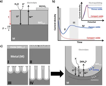   Figure B.2 a) Schematic representation of the high-field mechanism involved in the formation of a compact or barrier-type oxide layer
