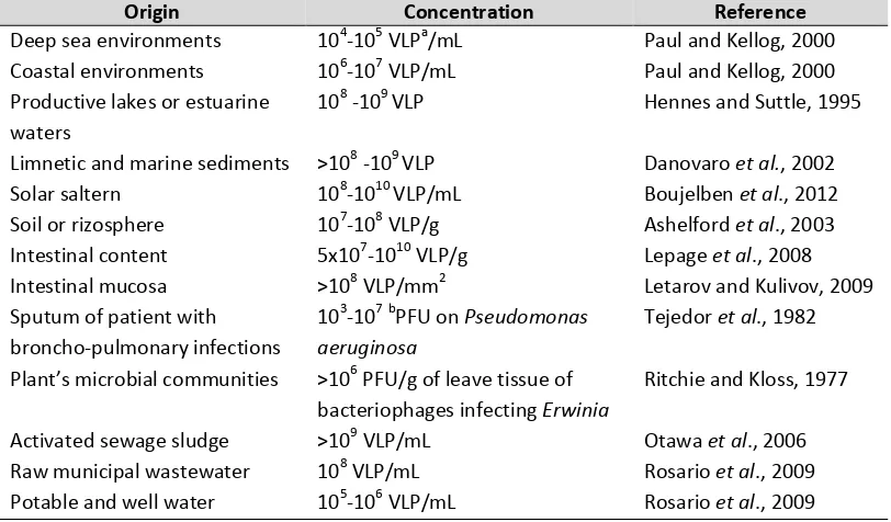 Table 1. Ubiquity and abundance of bacteriophages (Muniesa et al., 2013). aVLP: Virus-like particles ; bPFU: Plaque 