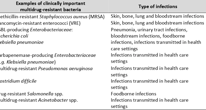 Table 3. Clinically important MDR bacteria and the most important type of infections caused (WHO, 2012)