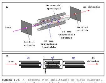 Figura I.4. A) Esquema d’un analitzador de tipus quadrupol. 