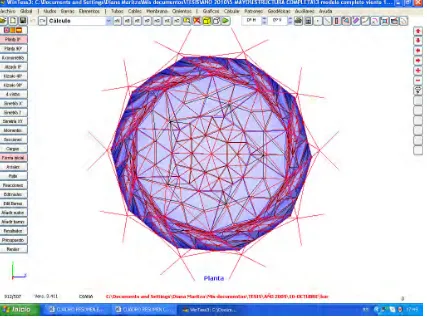 Figura 167.  Alzado - comparación de la forma inicial (rojo) de la estructura con la forma final (azul) después del cálculo